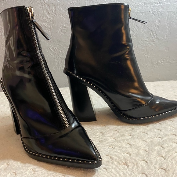 W Black Patent Heeled Boot with Silver Buttons along Sole - Picture 5 of 16